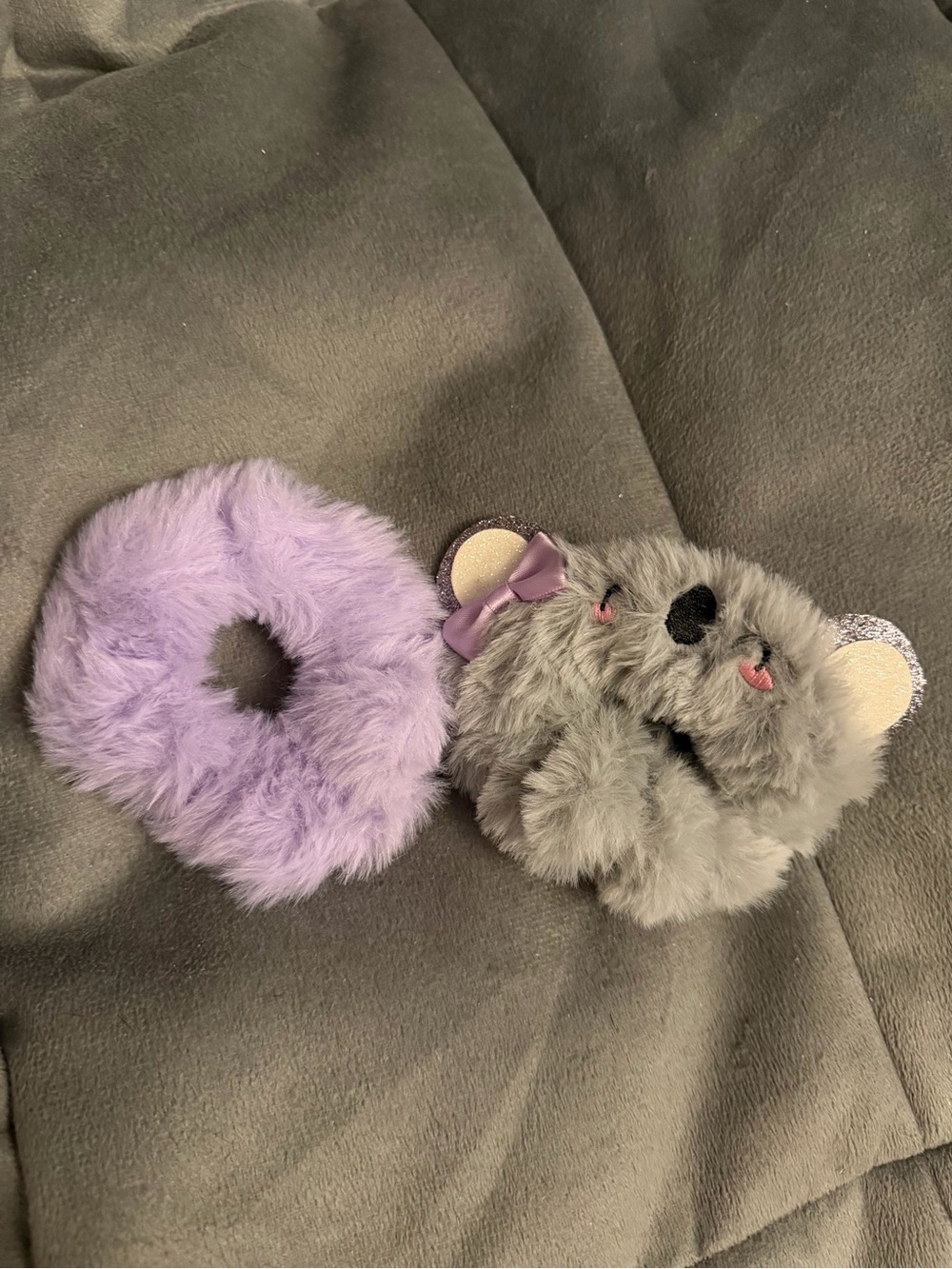 2 Pack - bear glitter bow scrunchie & lavender color furry soft stretchy scrunch